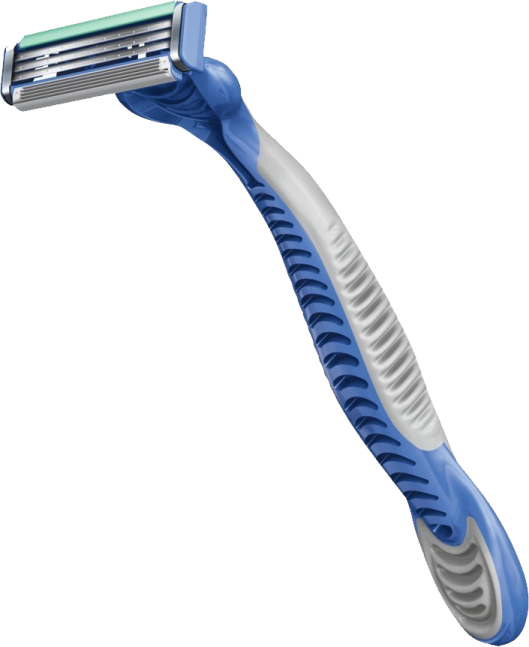 a blue and white razor on a white background