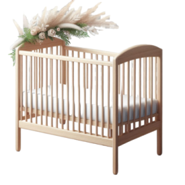 a wooden cribt with white flowers on it