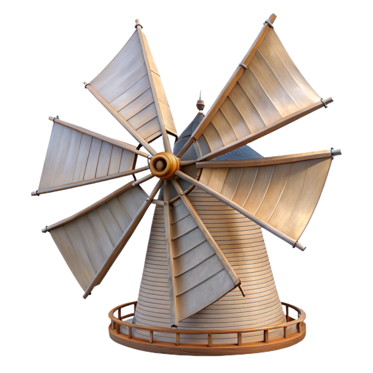 a metal windmill on a wooden stand
