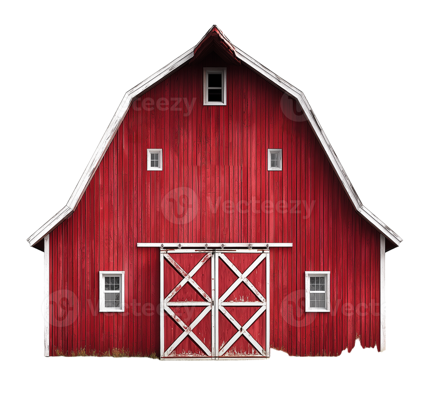 a red barn with a white door and windows