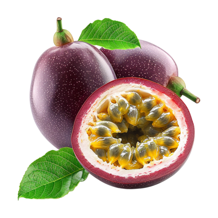 a passion fruit cut in half on a white background