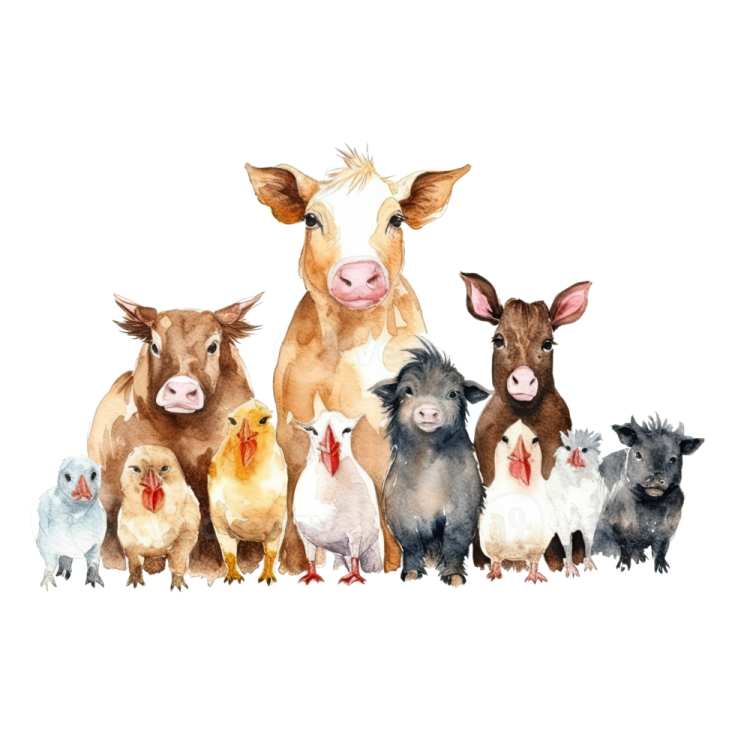 a watercolor painting of farm animals