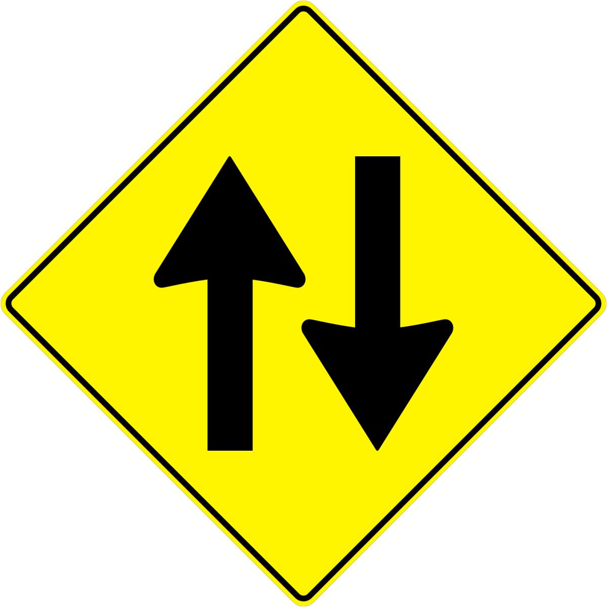 a yellow and black road sign with two arrows