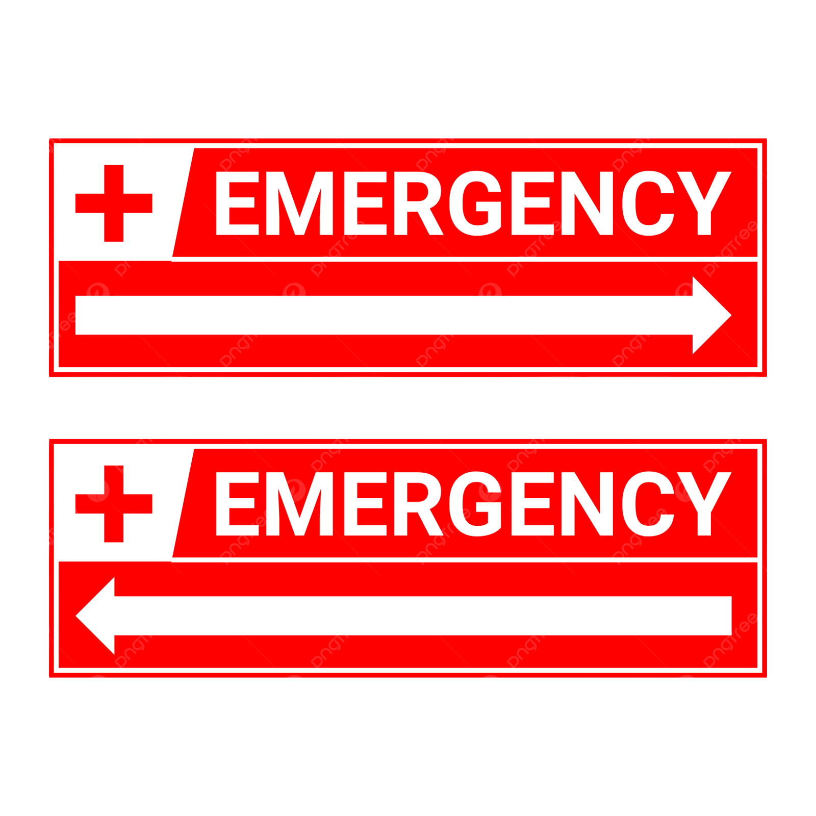 Two red emergency signs with the words emergency and emergency