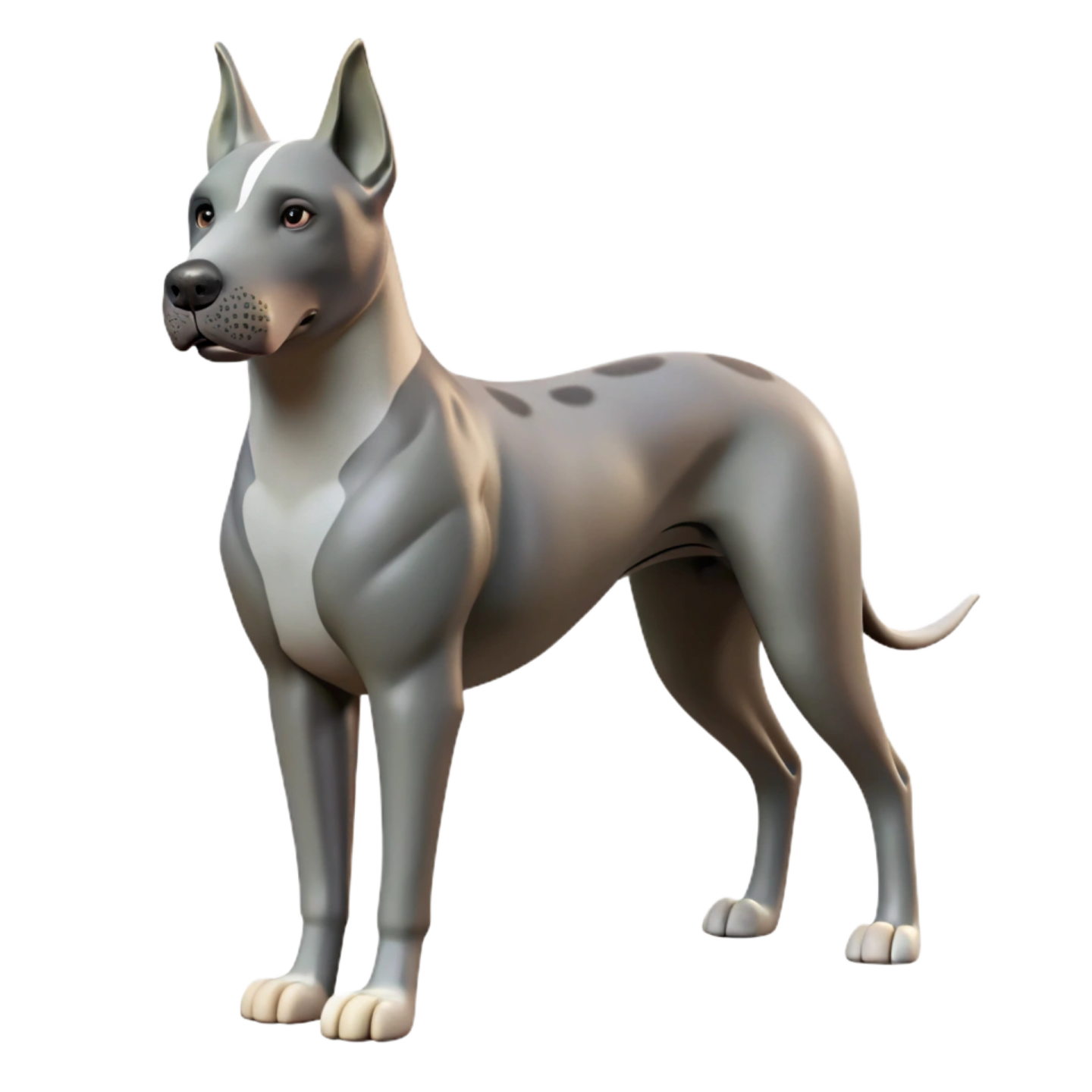 a gray and white dog standing on a white background