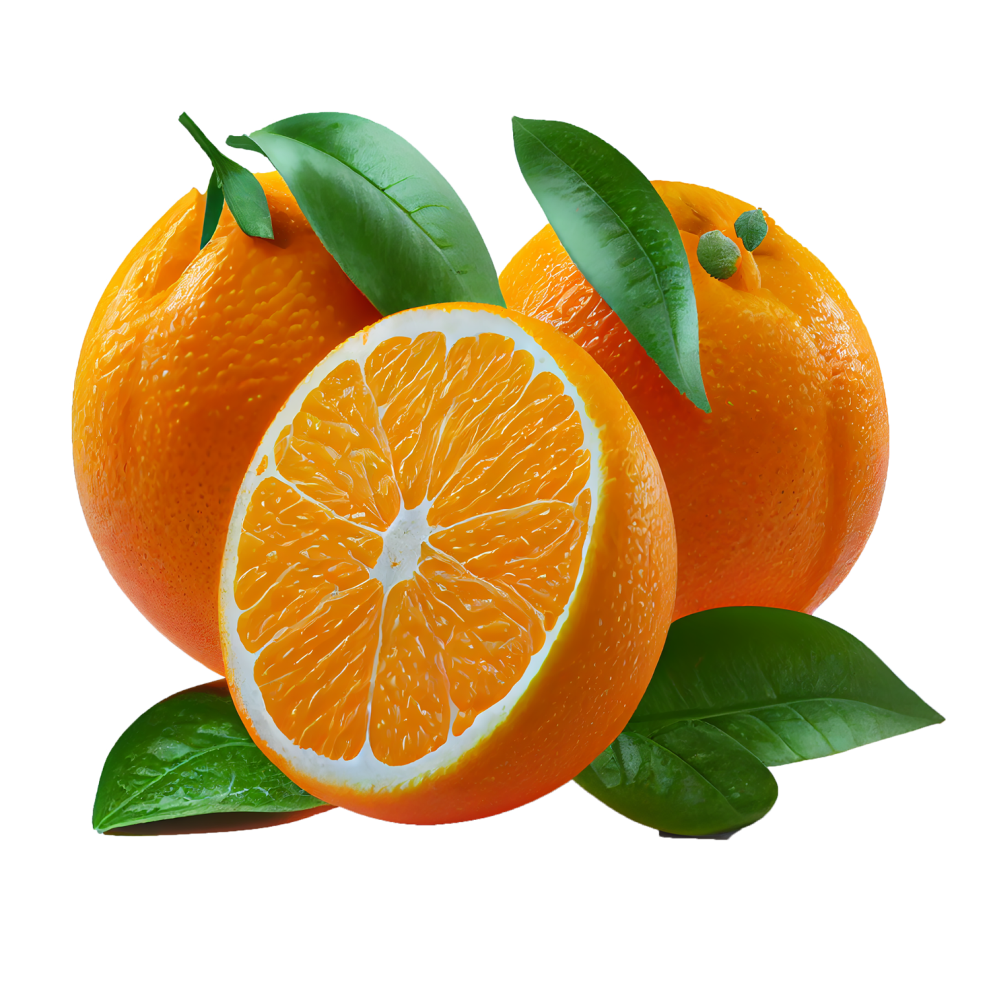 two oranges with leaves on a white background