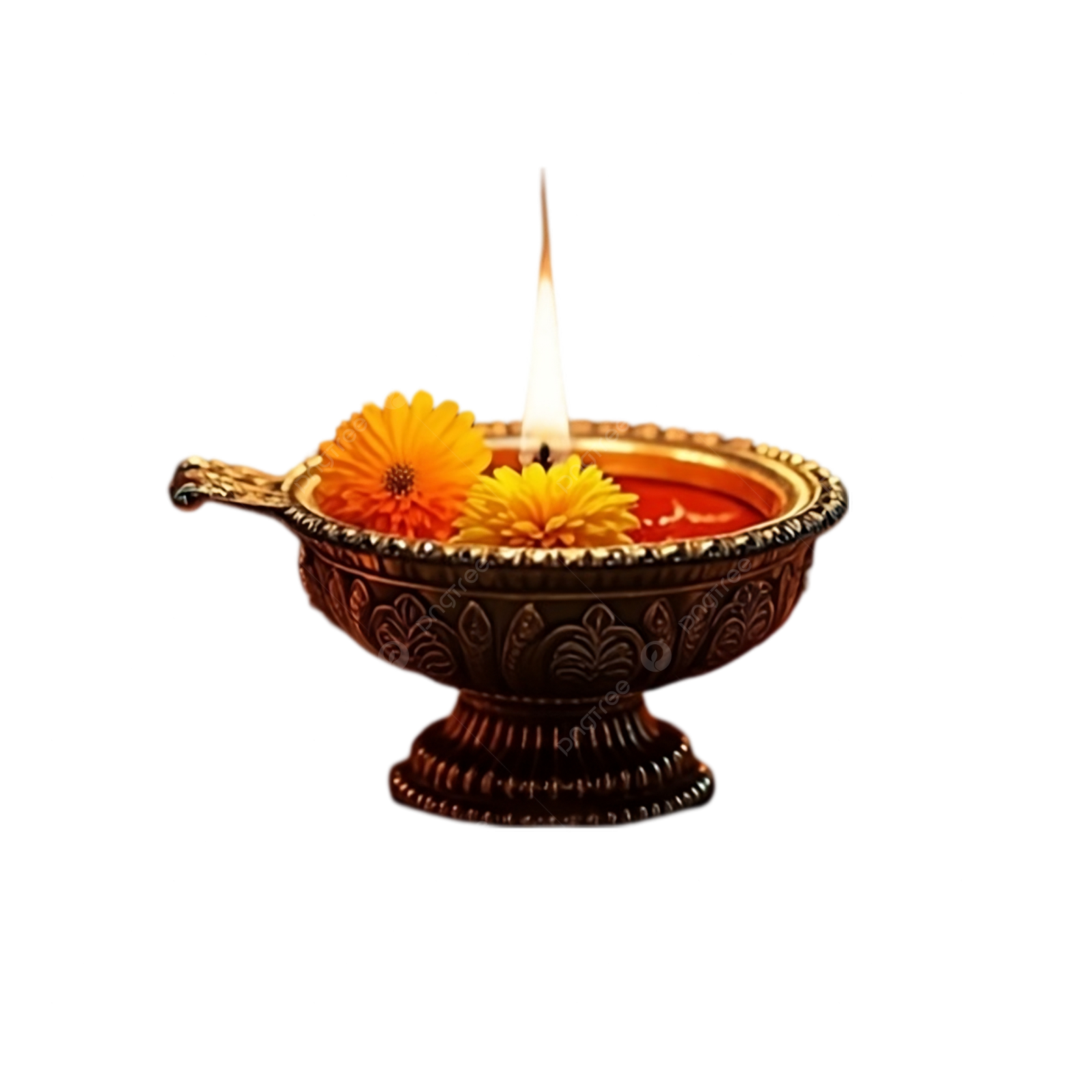 a small oil lamp with flowers in it