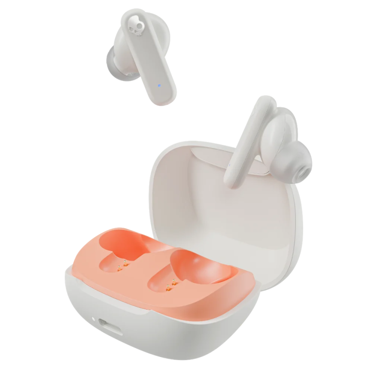 a pair of earphones with an orange case