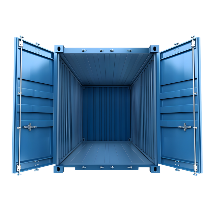 a blue shipping container with the door open