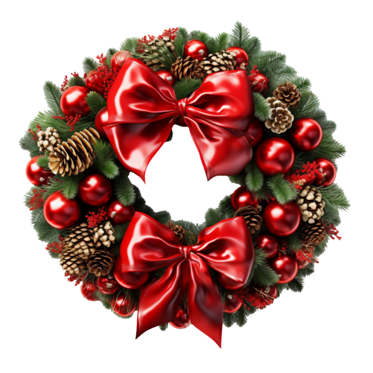 a christmas wreath with red bows and pine cones