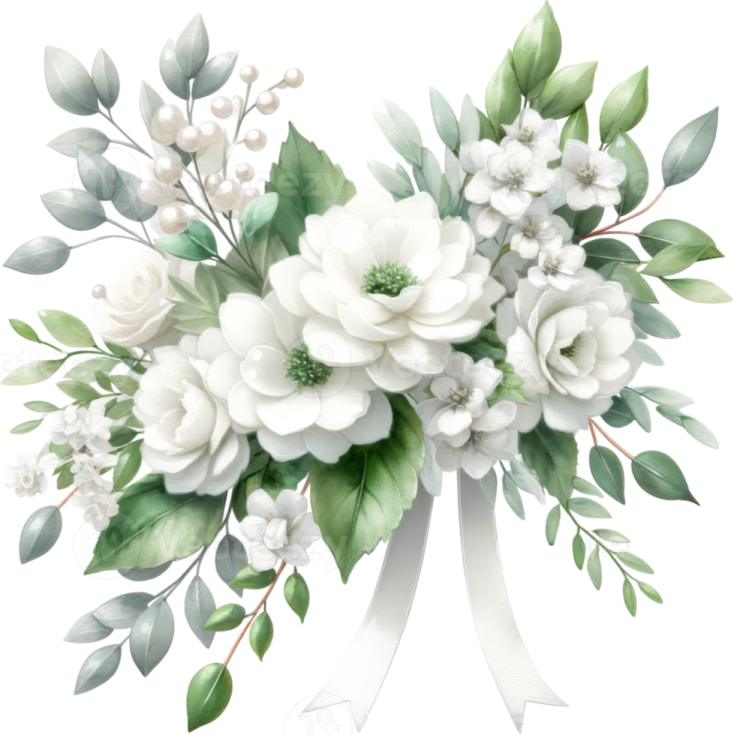 a bouquet with white flowers and green leaves