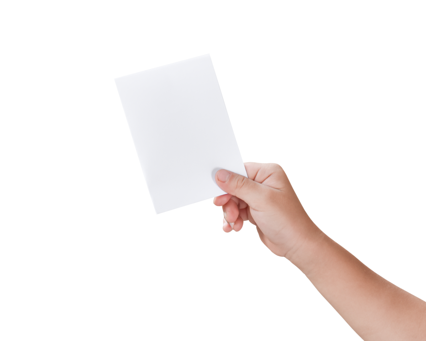 a hand holding a blank card on a white background