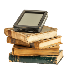 a pile of books with a tablet on top
