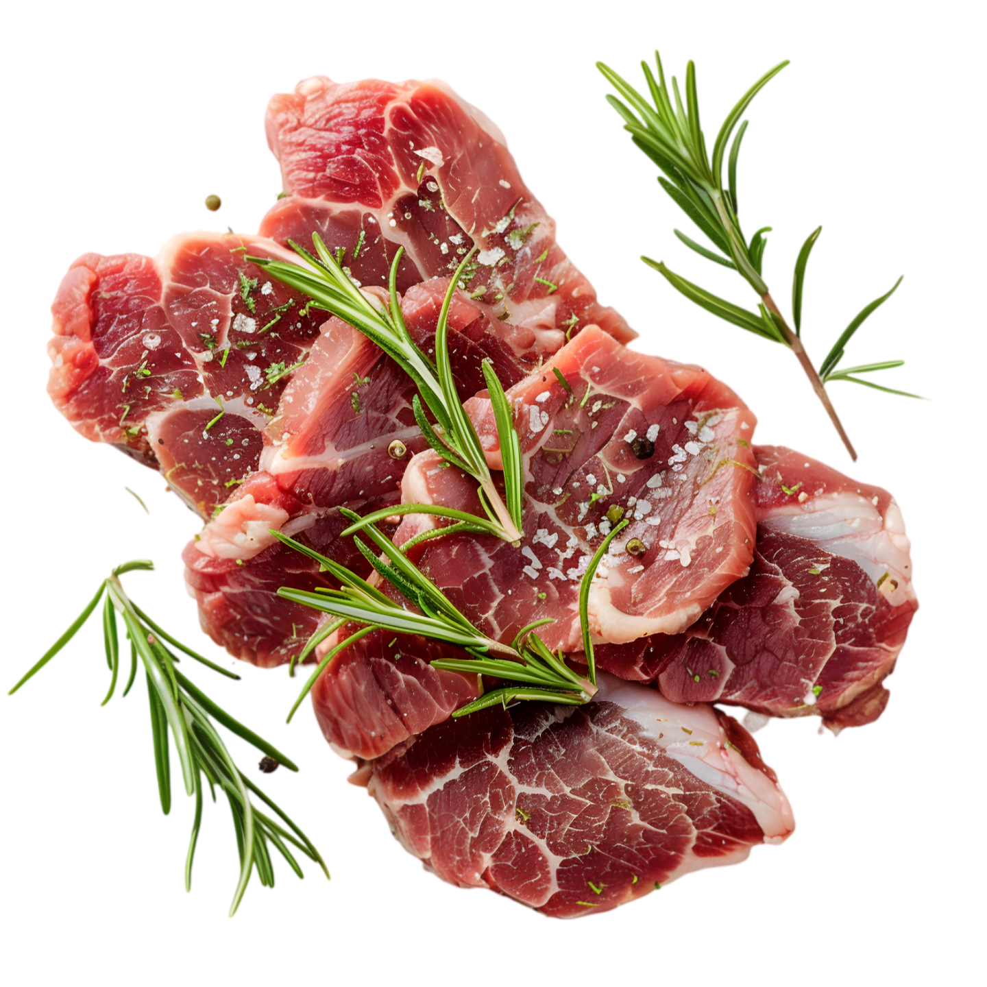 a bunch of raw meat with rosemary on top