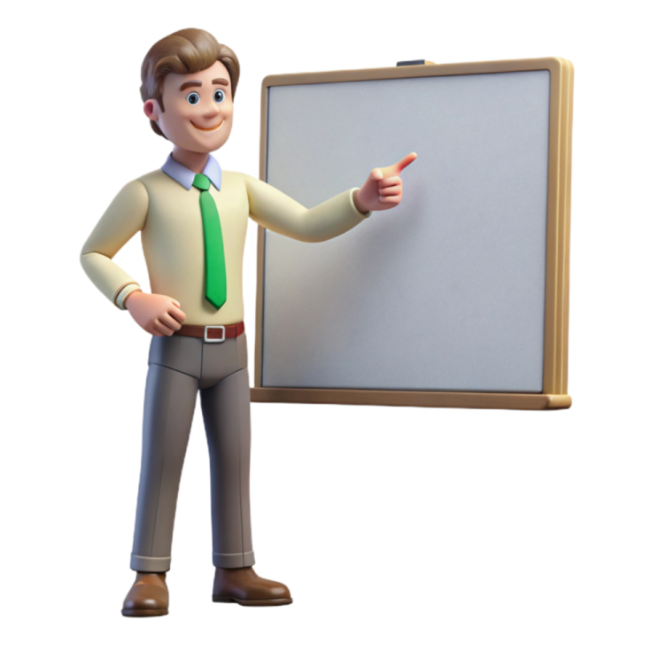 a 3d man standing next to a whiteboard