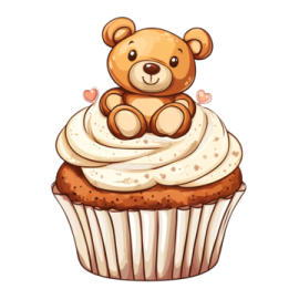 a teddy bear sitting on top of a cupcake