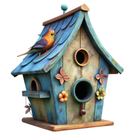 a bird house with two birds on top of it