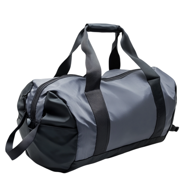 a grey duff bag with black straps