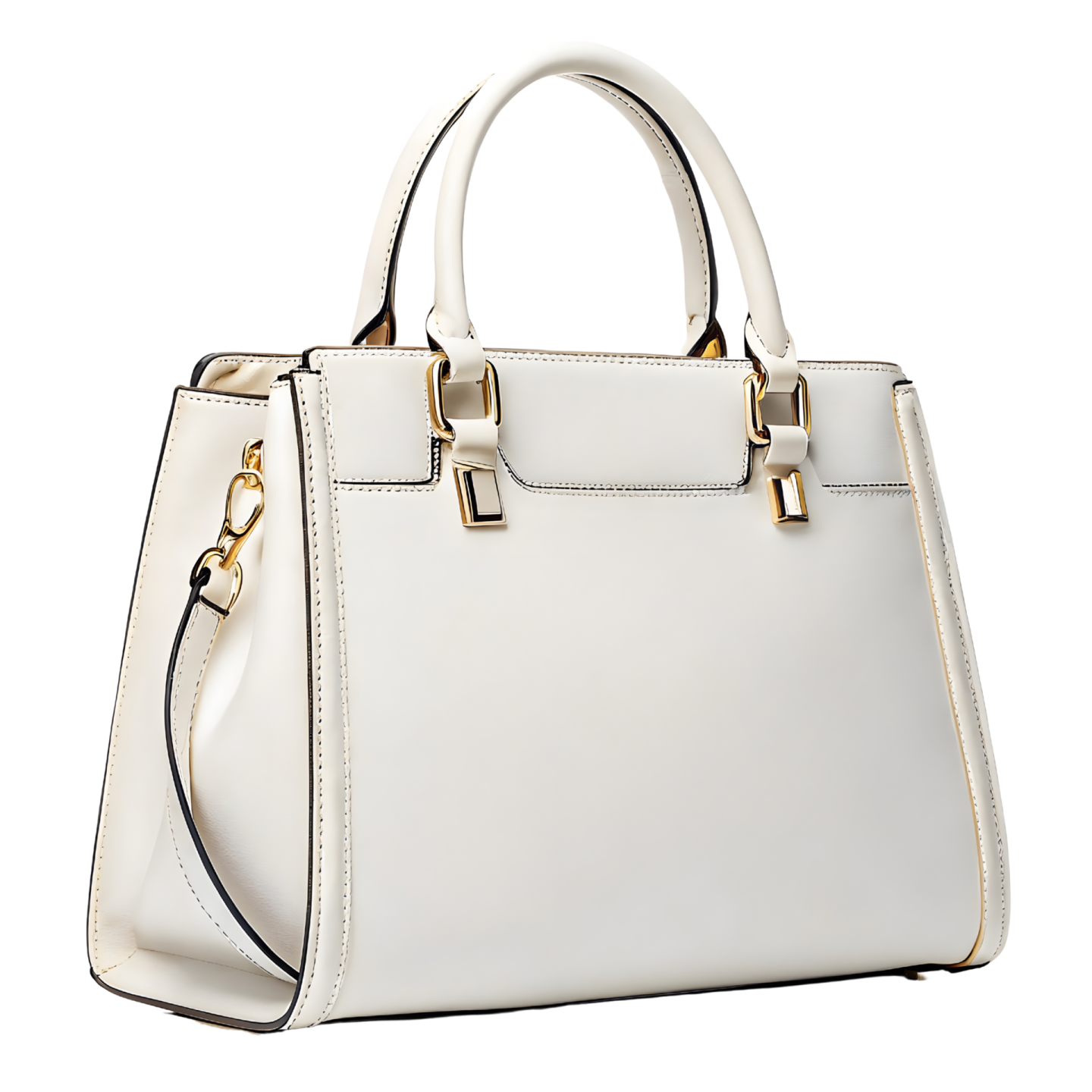 a white handbag with gold accents