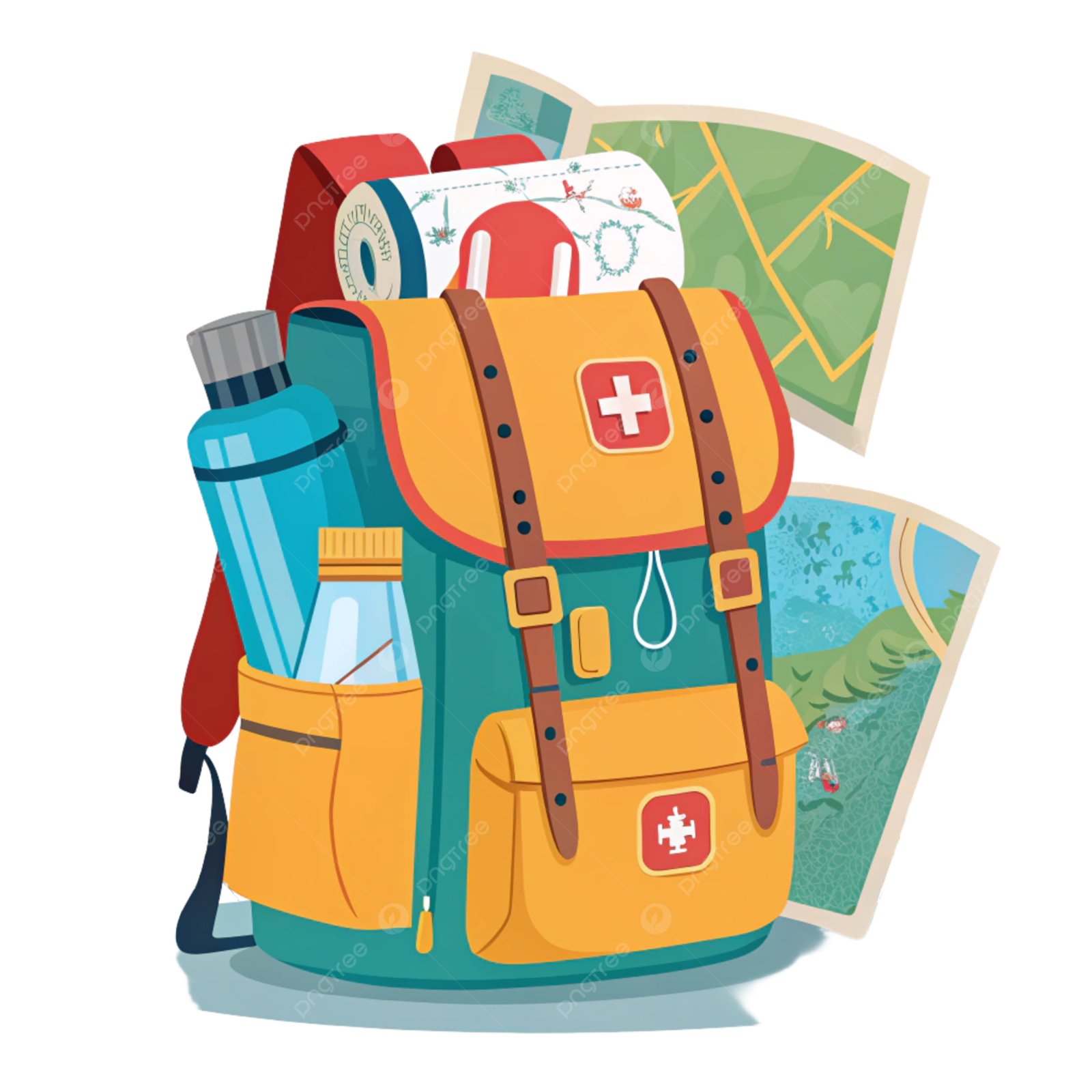an illustration of a backpack with map and water bottle