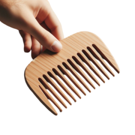 a person holding a wooden comb in their hand
