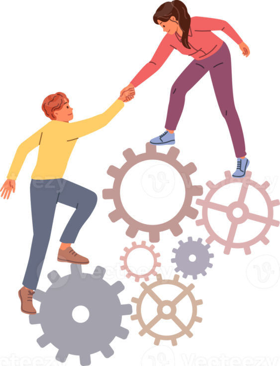 a woman pushing a man's hand in front of gears