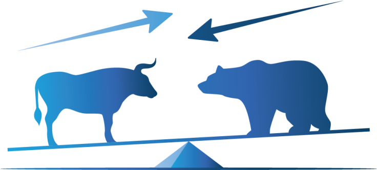 two silhouettes of bull and bear on a balance scale
