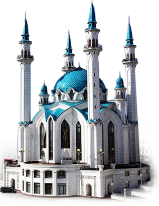 a white and blue building with two towers