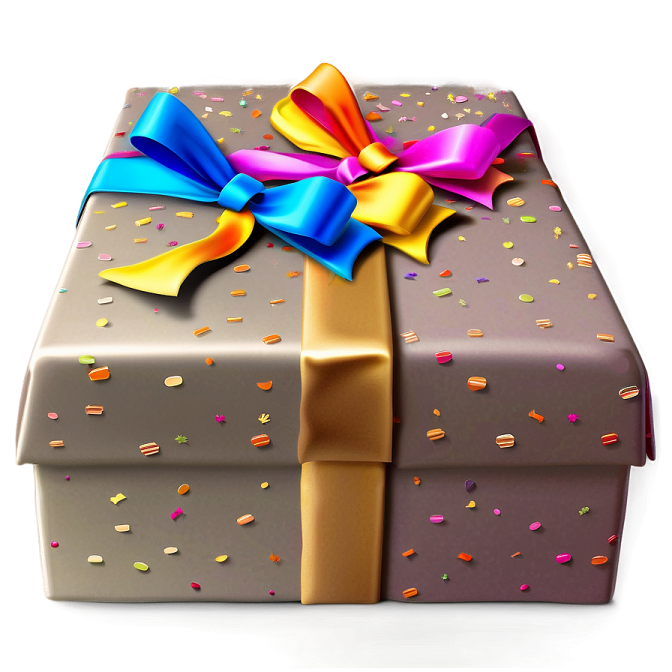 a brown gift box with a colorful ribbon and bow