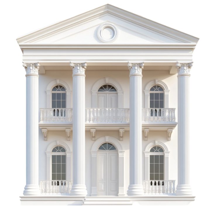 a white house with columns and bals