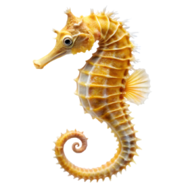 a yellow seahorse on a white background