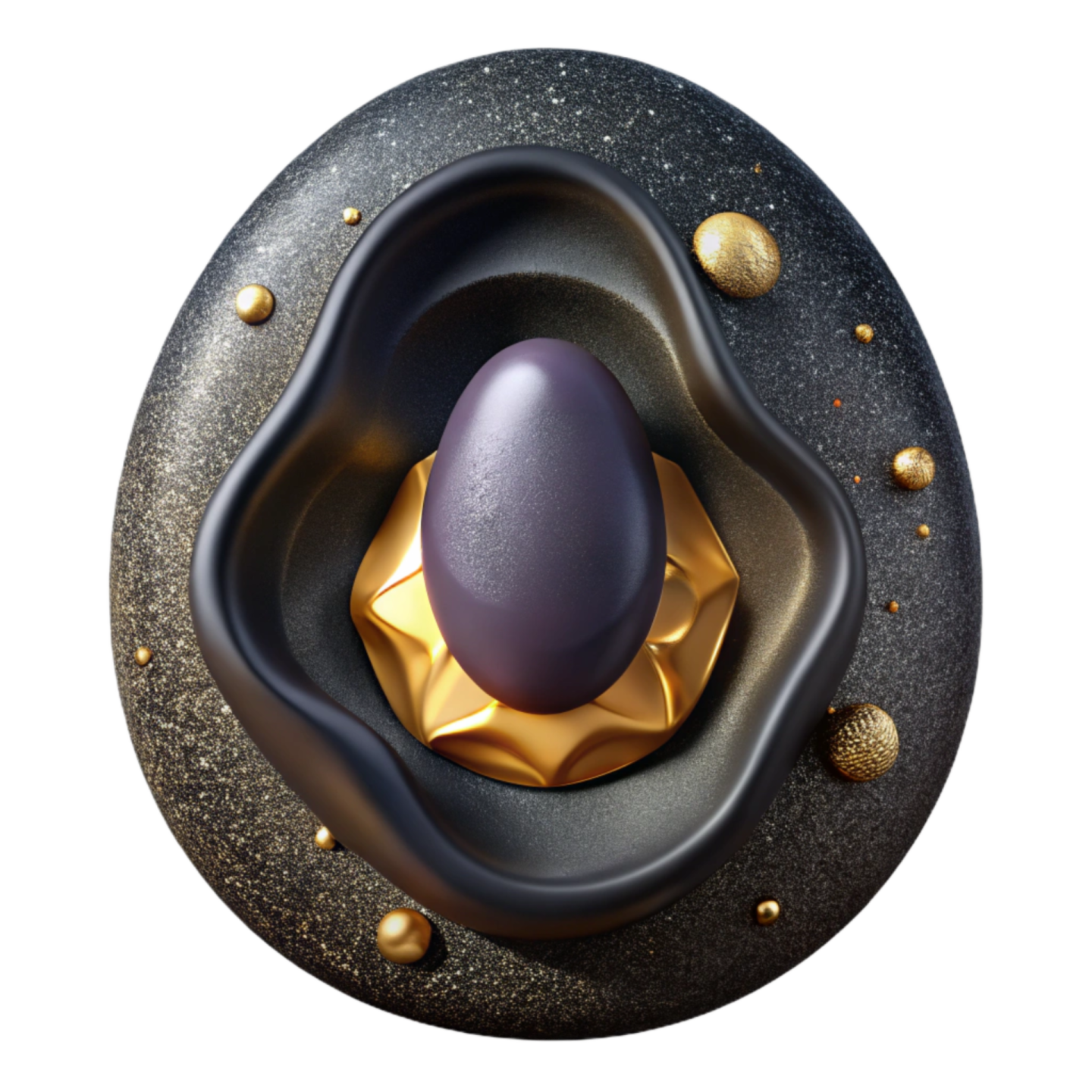 an egg in the center of a black and gold egg