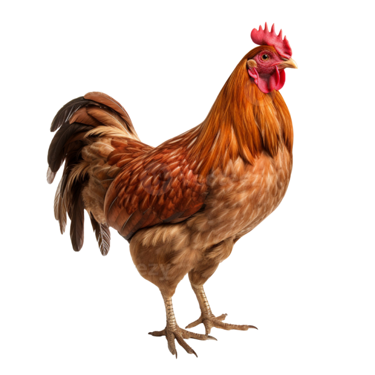a brown and black rooster standing on a white background