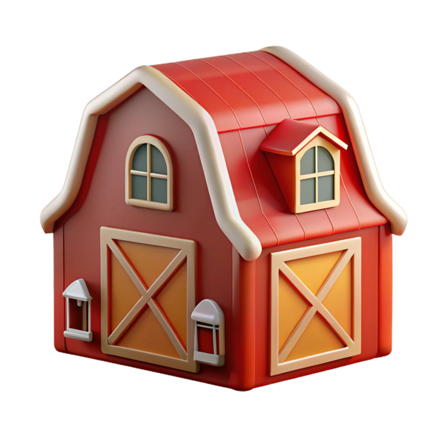 a small red barn with two doors and windows