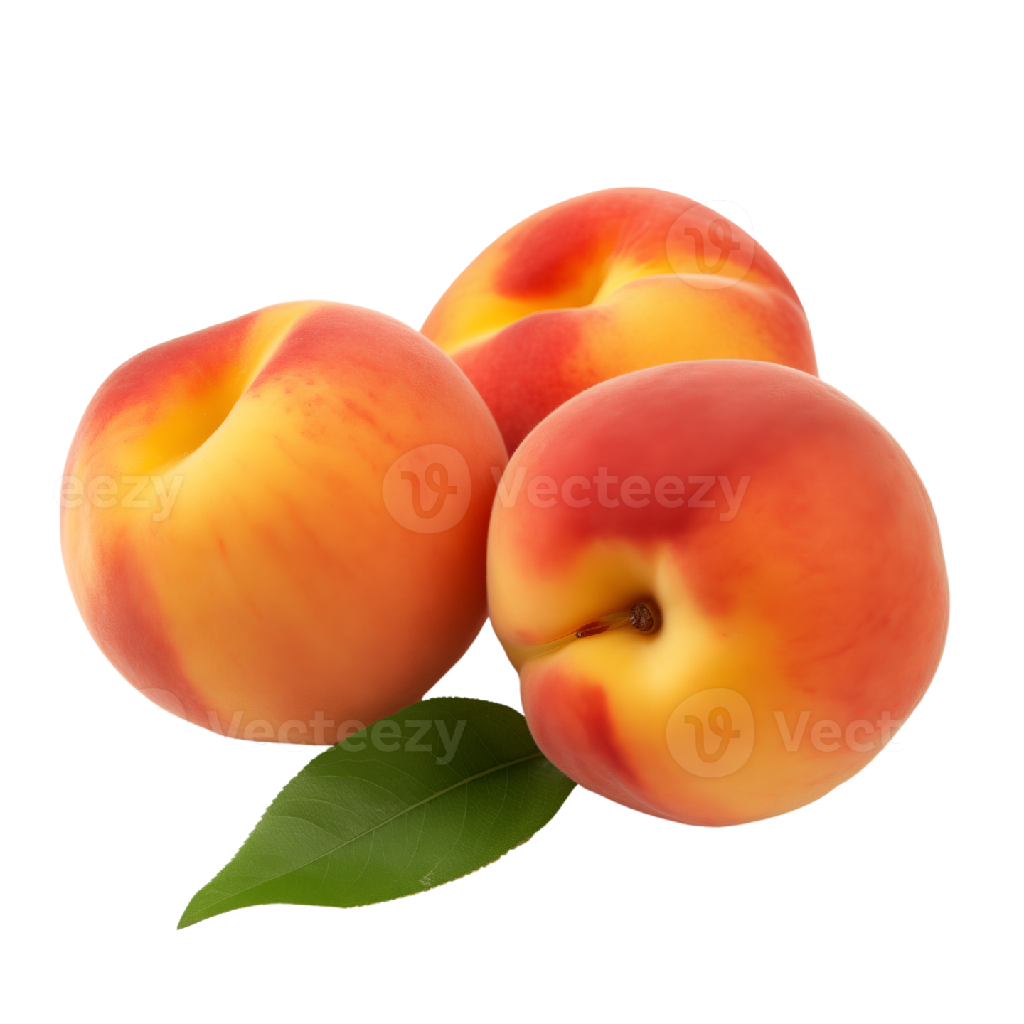 three peaches with leaves on a white background