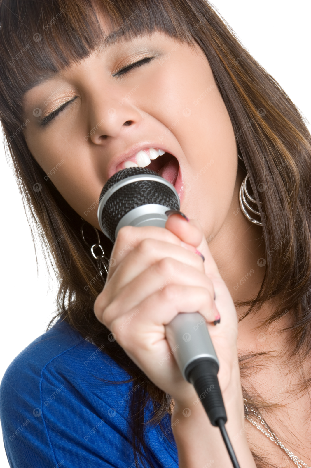 a woman singing into a microphone on a white background