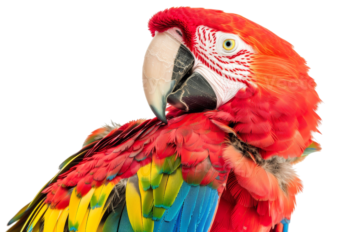 a close up of a colorful parrot on a white background