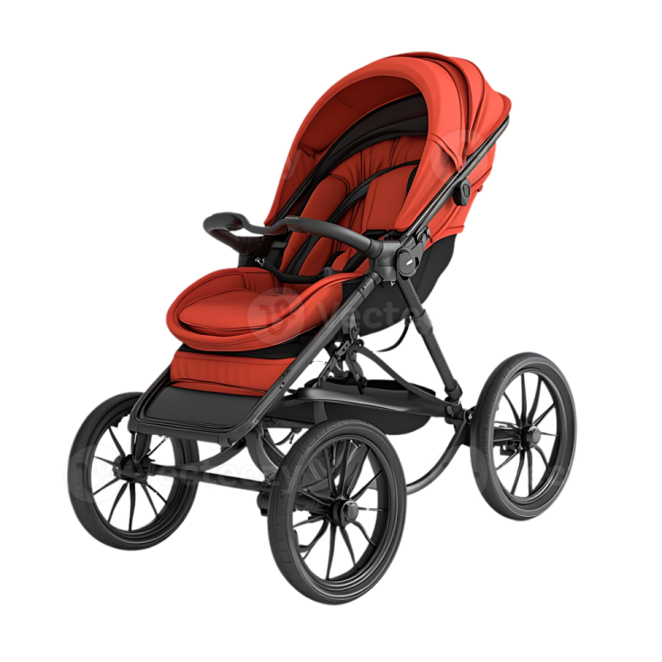 the baby stroller with red fabric and black wheels