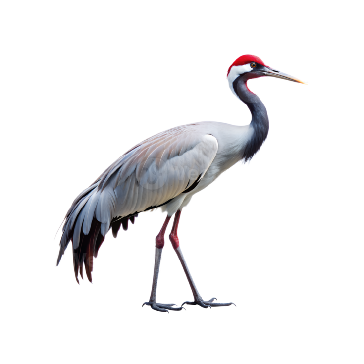 a grey and red bird standing on a white background
