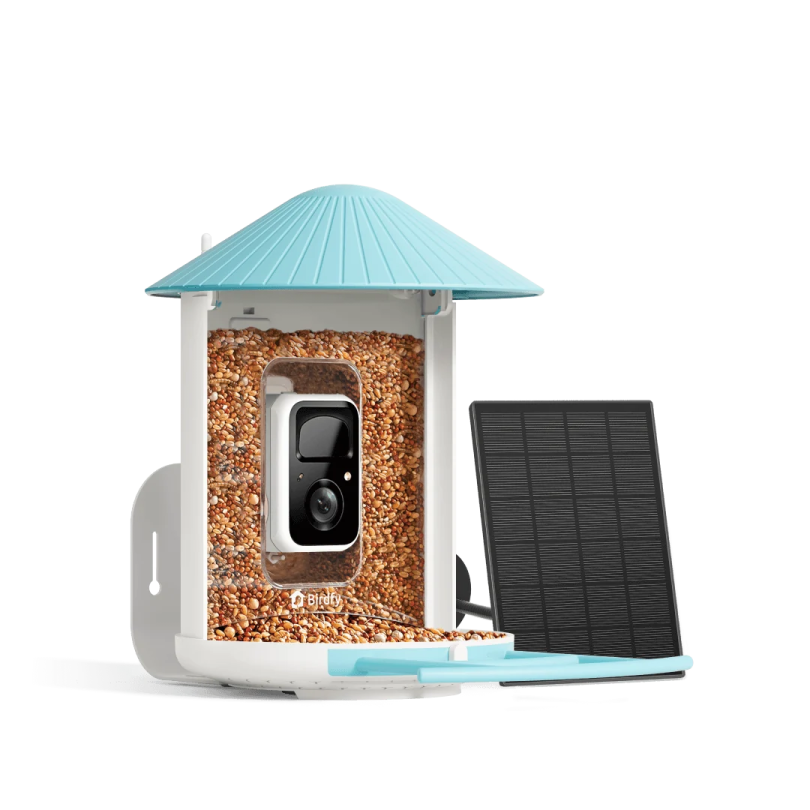 a bird feeder with solar panels and a blue roof