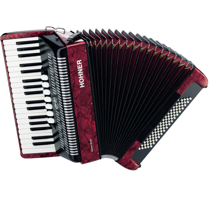 a red and black accordion with white keys