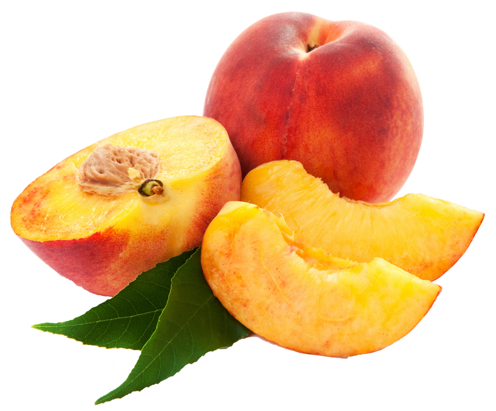 a peach and two pieces of peach on a white background