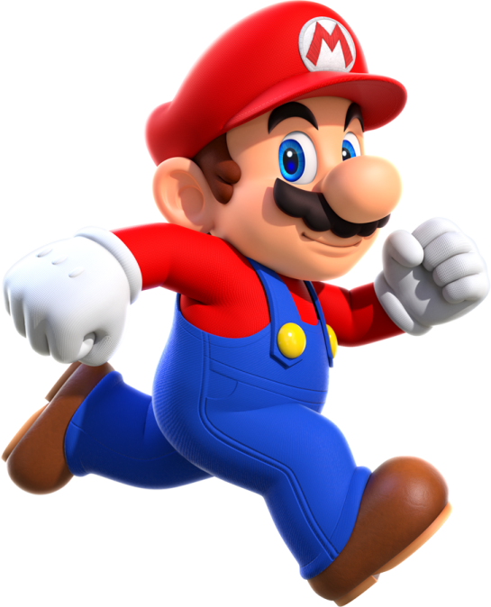 a cartoon character in a red hat and blue overall running