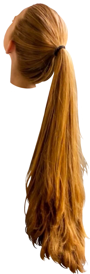a woman with long blonde hair in a ponytail