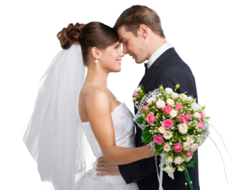 a bride and groom posing for the camera