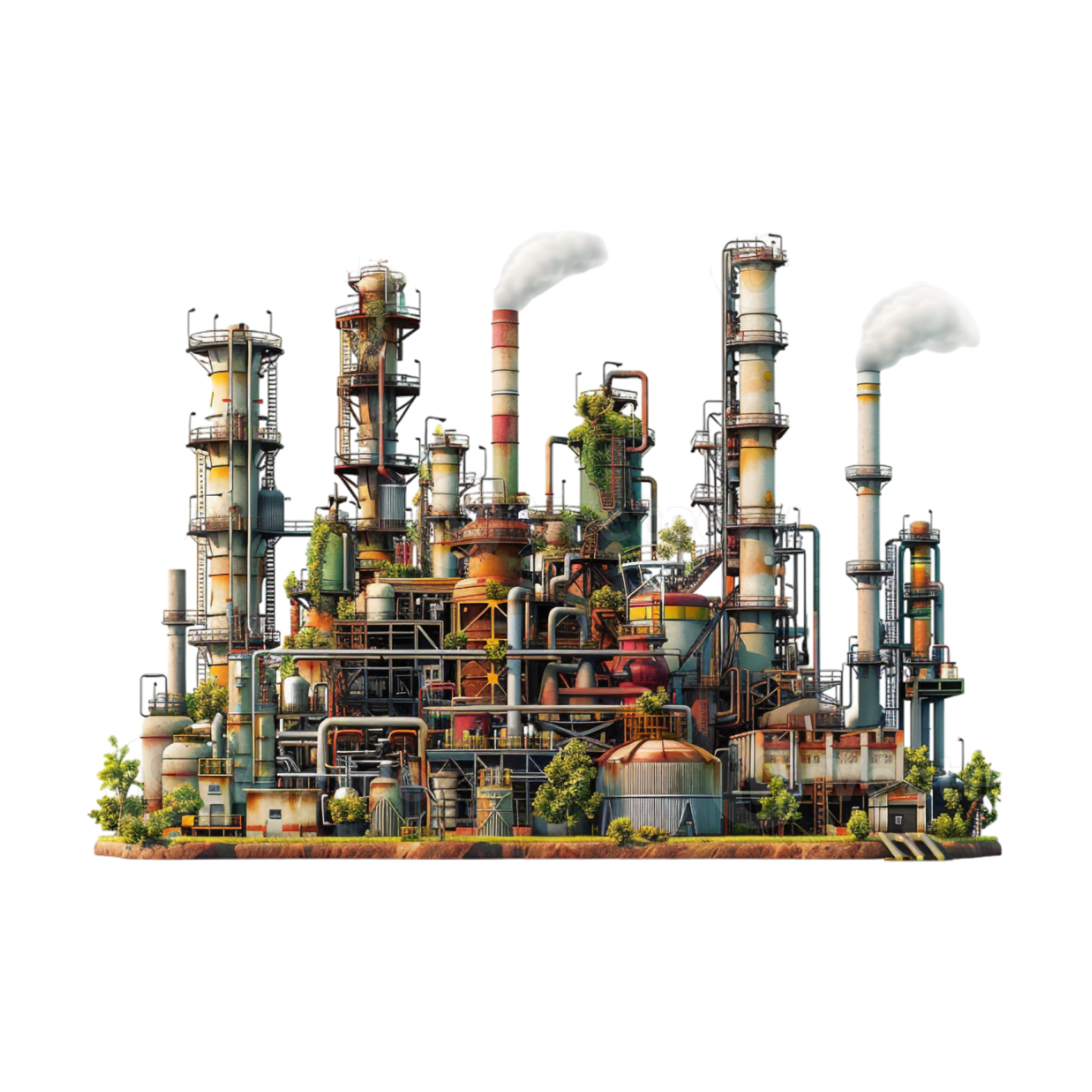 an industrial factory with pipes and smoke stacks