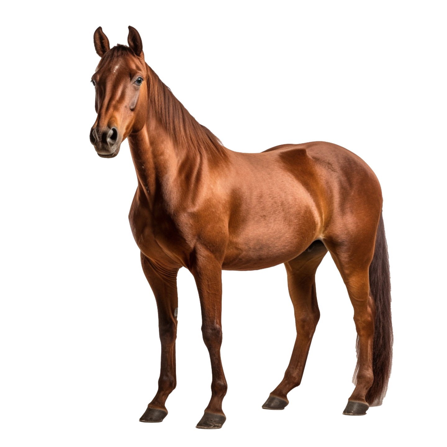a brown horse standing in front of a white background