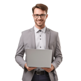 a man in a suit holding a laptop