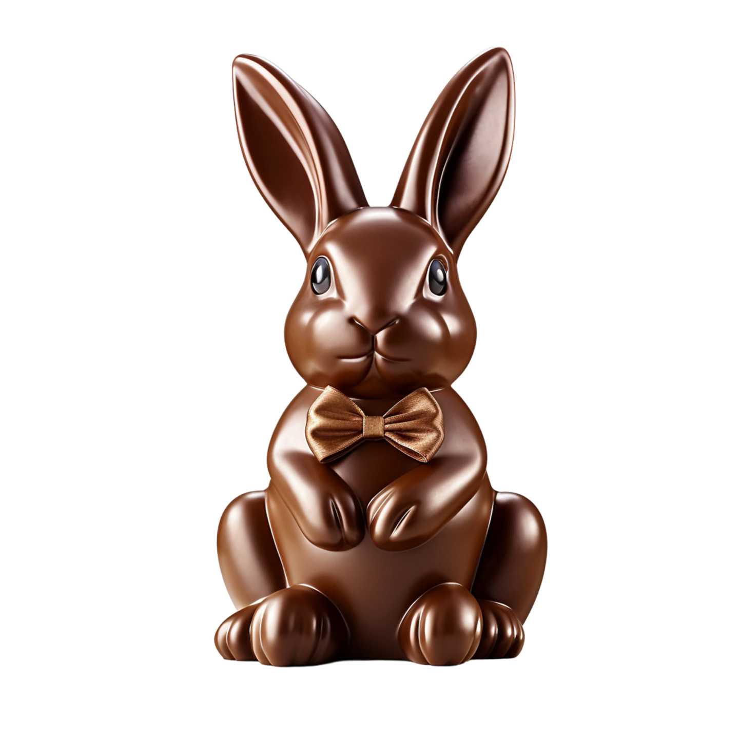 a chocolate bunny sitting on top of a white background