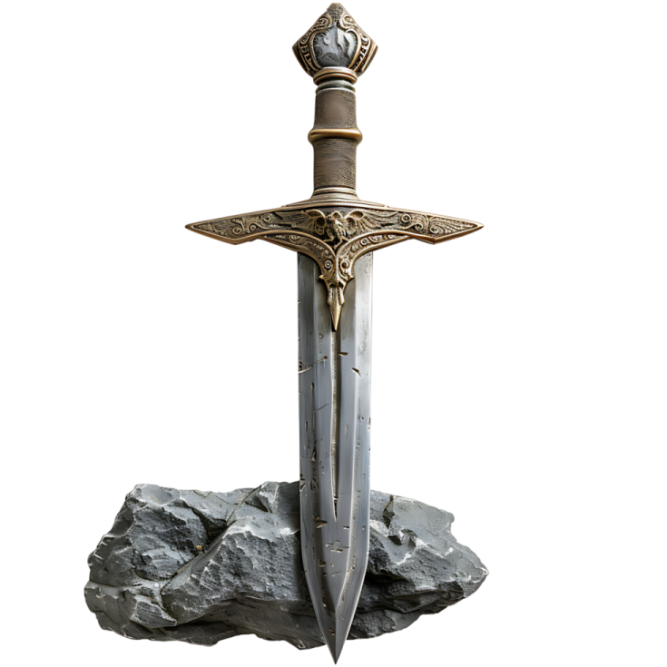 the sword is on top of a rock
